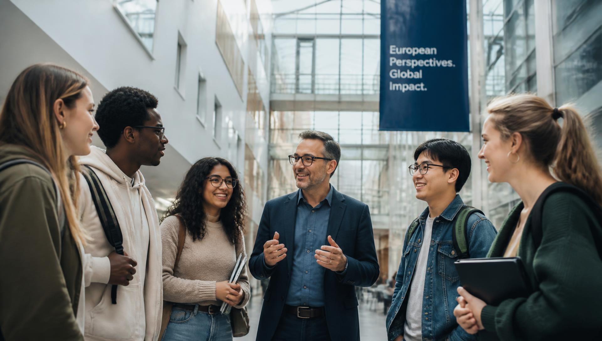 International students and a teacher on a European campus